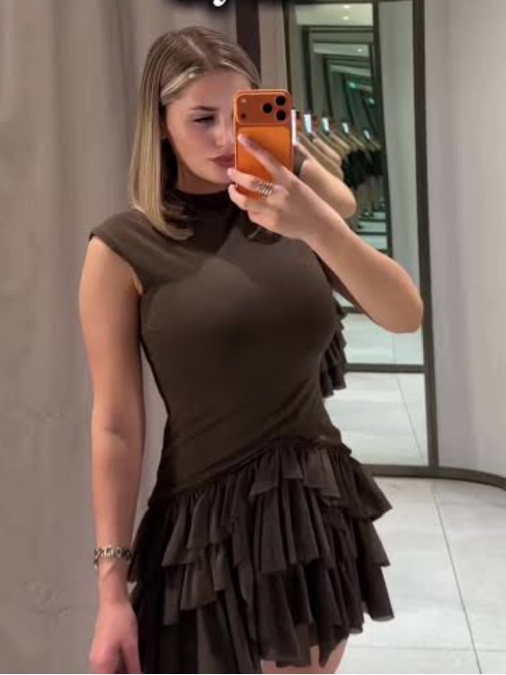 Zara Dark Brown Sleeveless Ruffle Tiered Mini Dress